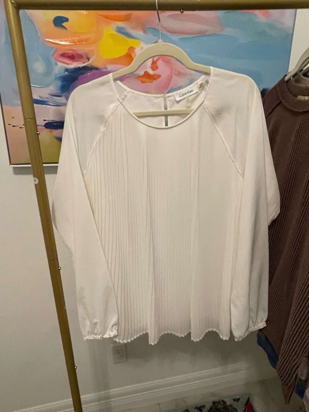 Calvin Klein Cream Pleated Long-Sleeve‎ Blouse Large